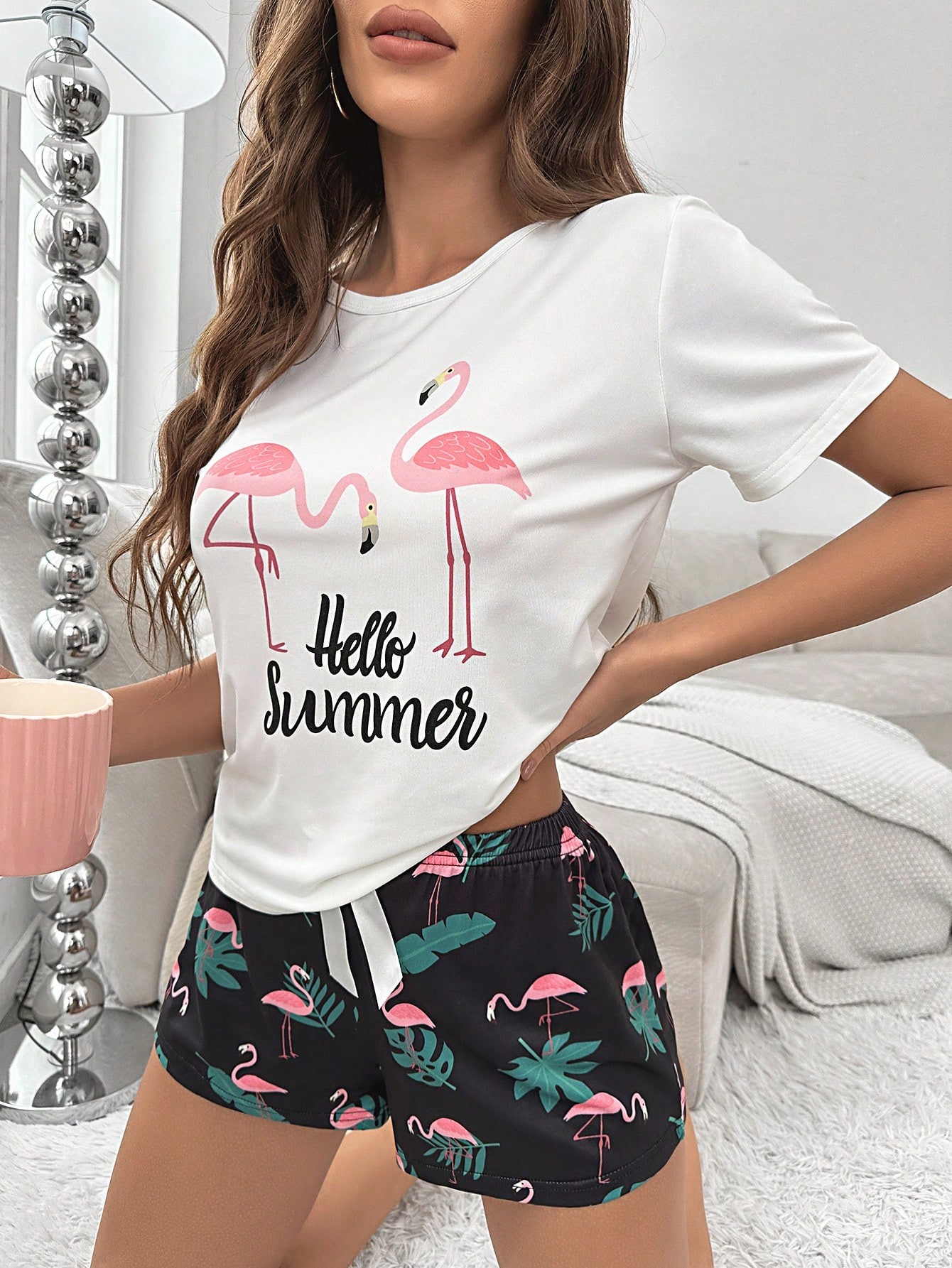 Ensemble pyjama short & t-shirt flamant & graphique de slogan - 15602905