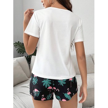 Ensemble pyjama short & t-shirt flamant & graphique de slogan - 15602905