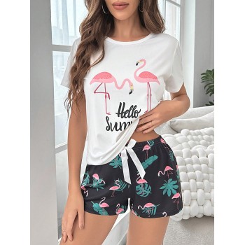 Ensemble pyjama short & t-shirt flamant & graphique de slogan - 15602905