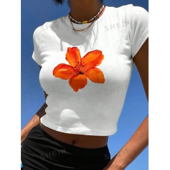 SHEIN EZwear T-shirt pour femmes décontracté à manches courtes, avec motif floral et coupe ajustée, pour l&apos-été - 32918721