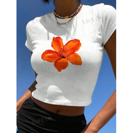 SHEIN EZwear T-shirt pour femmes décontracté à manches courtes, avec motif floral et coupe ajustée, pour l&apos-été - 32918721