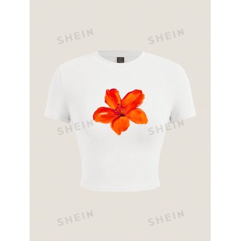 SHEIN EZwear T-shirt pour femmes décontracté à manches courtes, avec motif floral et coupe ajustée, pour l&apos-été - 32918721