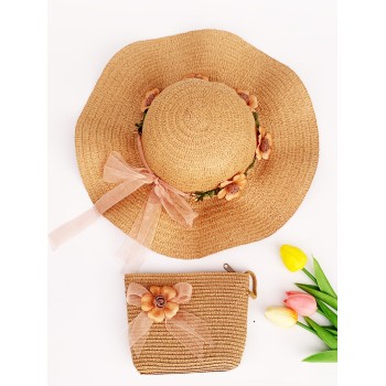 Ensemble De 2 Pièces Chapeau De Soleil Tissé Pour Dames Avec Bandeau Floral Décoré Et Sac Tissé De Couleur Kaki, Style À La Mode Et Frais, Adapté Pour Et Facile À Transporter. Le Chapeau Peut Être Plié De Style Boho. - 21259934