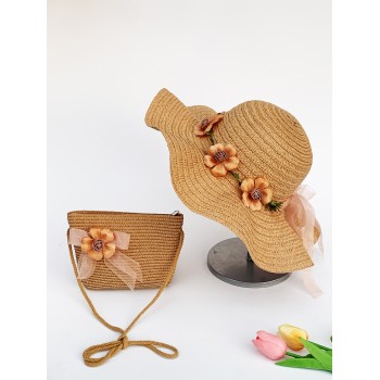 Ensemble De 2 Pièces Chapeau De Soleil Tissé Pour Dames Avec Bandeau Floral Décoré Et Sac Tissé De Couleur Kaki, Style À La Mode Et Frais, Adapté Pour Et Facile À Transporter. Le Chapeau Peut Être Plié De Style Boho. - 21259934