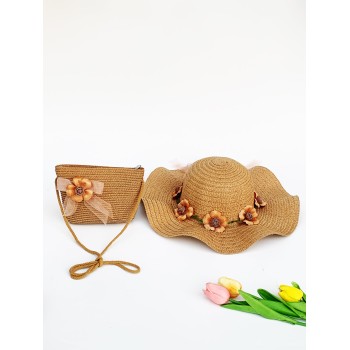 Ensemble De 2 Pièces Chapeau De Soleil Tissé Pour Dames Avec Bandeau Floral Décoré Et Sac Tissé De Couleur Kaki, Style À La Mode Et Frais, Adapté Pour Et Facile À Transporter. Le Chapeau Peut Être Plié De Style Boho. - 21259934