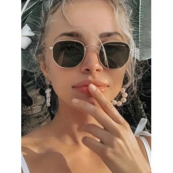 1 paire de lunettes de soleil polygonales géométriques en métal pour dames, avec un design de mode personnalisé haut de gamme, élégant, rétro européen laire - série élégante. - 33407061