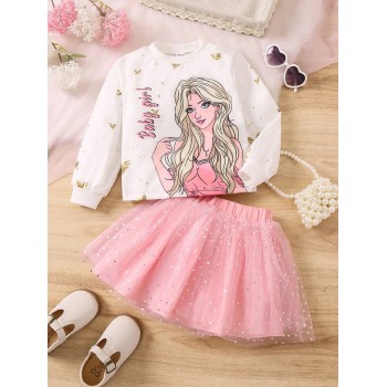 SHEIN Ensemble de 2 pièces sweat-shirt imprimé dessin animé adorable pour jeunes filles et jupe en filet à sequins - 25647471