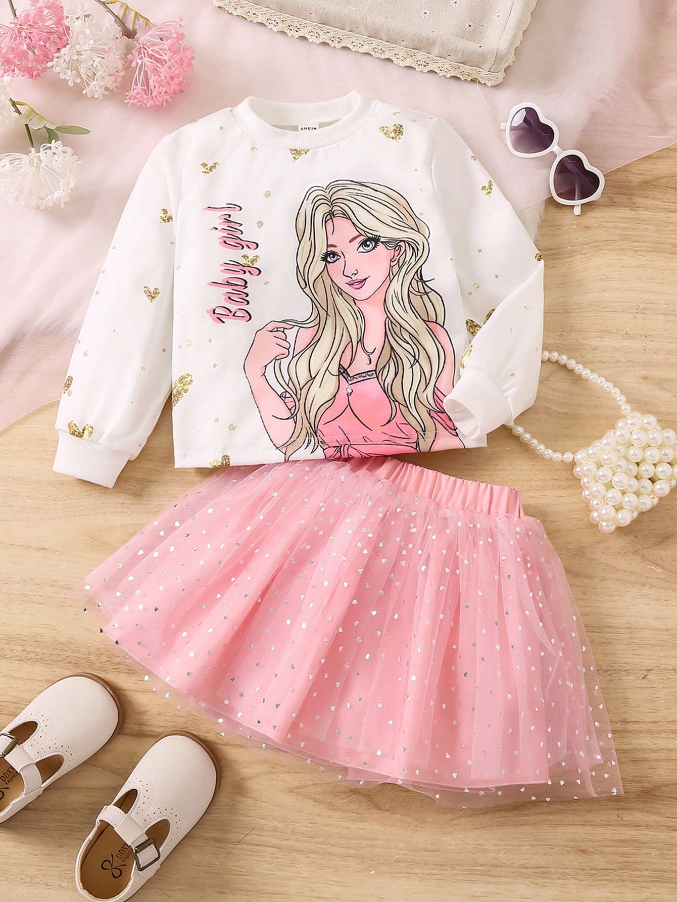 SHEIN Ensemble de 2 pièces sweat-shirt imprimé dessin animé adorable pour jeunes filles et jupe en filet à sequins - 25647471