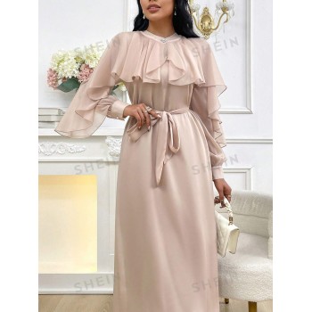 SHEIN Modely Robe élégante pour femme en style arabe avec manches longues et joint de couleur unicolore, ourlet à volants - 36592780