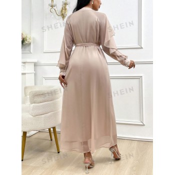 SHEIN Modely Robe élégante pour femme en style arabe avec manches longues et joint de couleur unicolore, ourlet à volants - 36592780