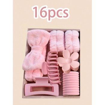 16 pièces Serre-tête matelassé unicolore élégant bleu en forme de vague avec poignet, accessoires de cheveux en fleur rose en éponge - 32458834