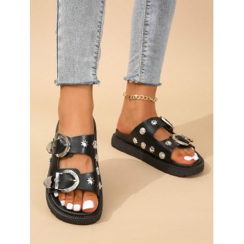 Sandales Femme Confortable À La Mode À Bout Rond Noir Avec À Boucle , Double Couche Épais À Plate-Forme Et Compensé Talon , À Bout Ouvert - 20940827