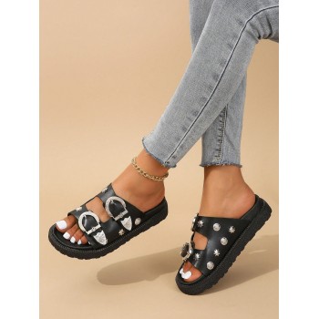 Sandales Femme Confortable À La Mode À Bout Rond Noir Avec À Boucle , Double Couche Épais À Plate-Forme Et Compensé Talon , À Bout Ouvert - 20940827