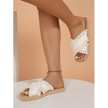 Sandales Plates Pour Femmes Avec Glands & Bretelles Croisées & Bout Ouvert, Chaussures Minimalistes Beige Clair Pour Les Vacances, La Plage, Les Jeunes Dames - 32187068