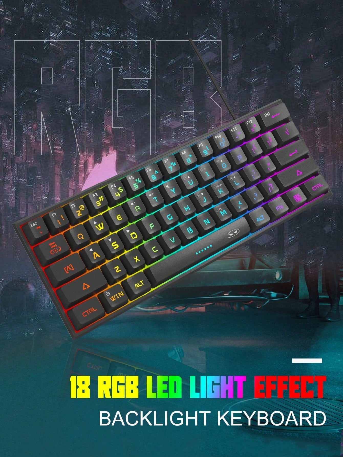 Clavier filaire compact MageGee TS91 60% 61 touches avec rétroéclairage RGB, petit clavier membranaire d'ordinateur portable portable pour le bureau, la tablette Windows, les joueurs, couleur noire - 18847505