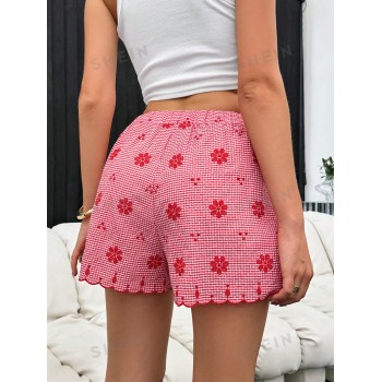 SHEIN Essnce Shorts pour femmes brodés à carreaux rouges et blancs décontractés pour l'été 2024 - 34728749