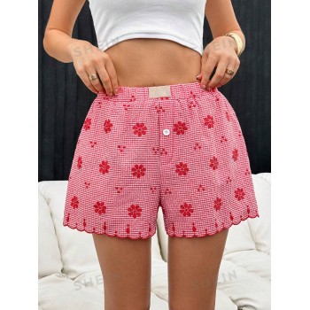 SHEIN Essnce Shorts pour femmes brodés à carreaux rouges et blancs décontractés pour l'été 2024 - 34728749