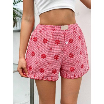 SHEIN Essnce Shorts pour femmes brodés à carreaux rouges et blancs décontractés pour l'été 2024 - 34728749