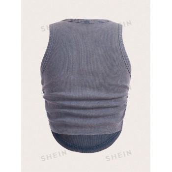 SHEIN EZwear Haut Sans Manches Ajusté, Tricoté Avec Une Bordure Courbe Solide Et Un Rassemblement De Côtes À La Taille Pour L'été - 23307283