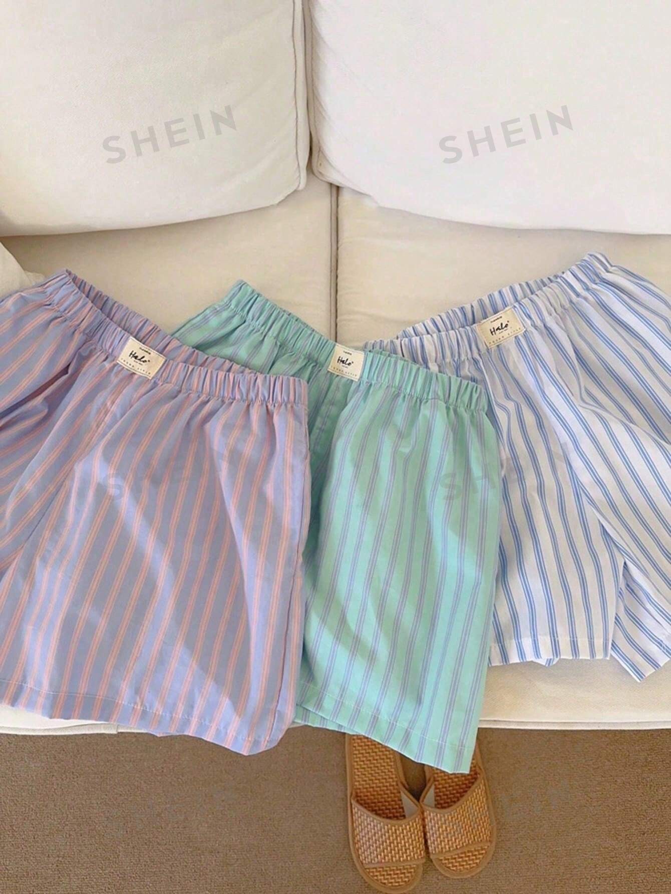 SHEIN EZwear Shorts simples et décontractés pour femme à rayures colorées imprimées - 35122243