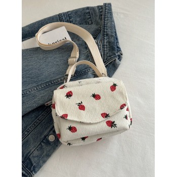 1 pièce Mignon sac à bandoulière rose et blanc à motif de fraise dessin animé pour femmes, sac à bandoulière en velours côtelé, sac à bandoulière en canevas avec rabat et fermeture à glissière, petit sac et portefeuille - 34949875