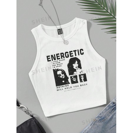 SHEIN EZwear Top Sans Manches Court Figure Et Slogan - 16082752