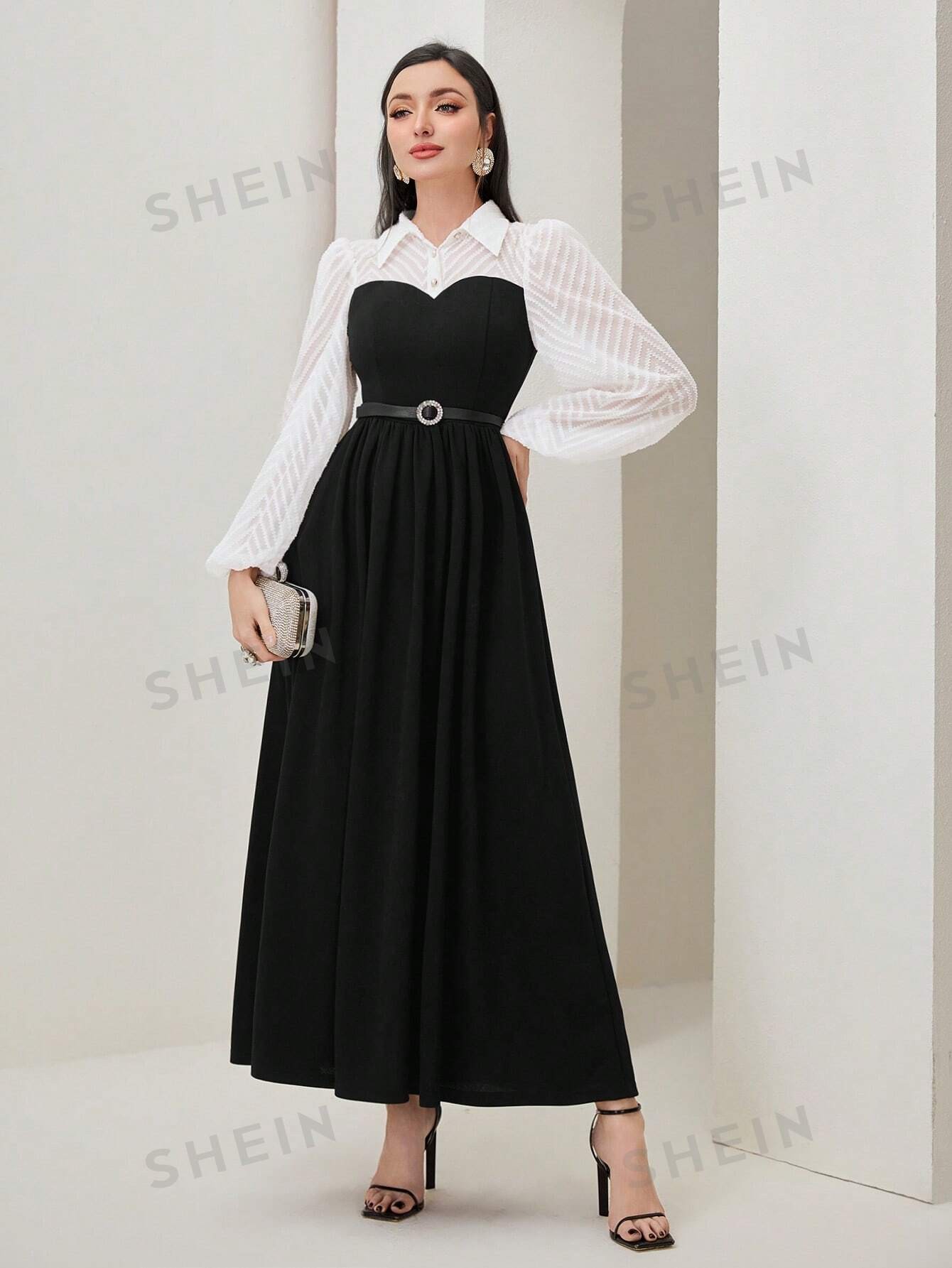 SHEIN Modely Robe Bicolore Manches Bouffantes - 17062552