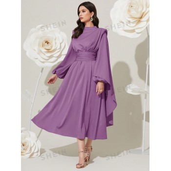 SHEIN Modely Robe À Manches Lanternes A-ligne Taille Plissée Couleur Unie Pour Les Femmes - 31320578