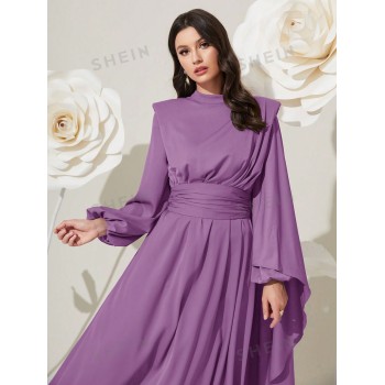 SHEIN Modely Robe À Manches Lanternes A-ligne Taille Plissée Couleur Unie Pour Les Femmes - 31320578