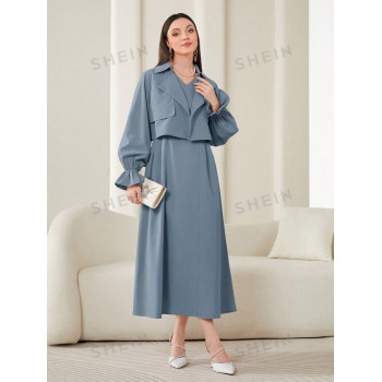 SHEIN Modely Ensemble Robe Unie De Couleur Pour Femme Avec Veste Courte À Manches À Volants - 26171614