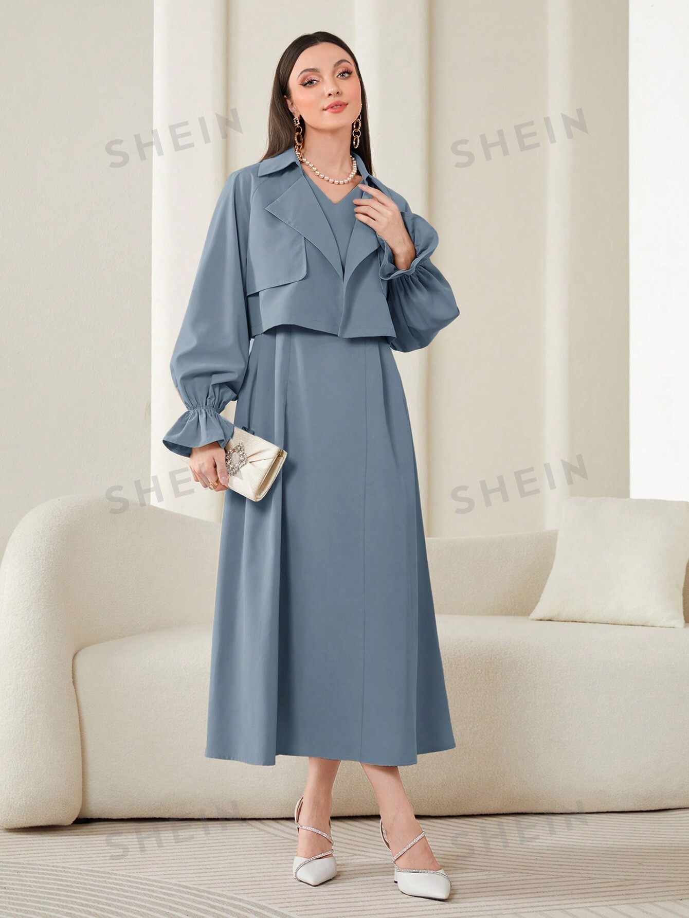 SHEIN Modely Ensemble Robe Unie De Couleur Pour Femme Avec Veste Courte À Manches À Volants - 26171614