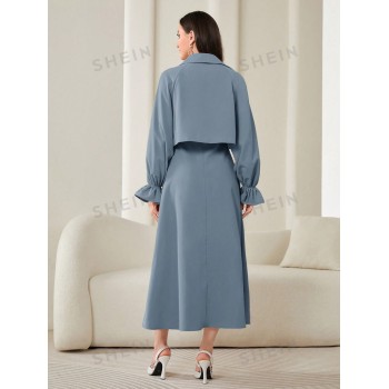 SHEIN Modely Ensemble Robe Unie De Couleur Pour Femme Avec Veste Courte À Manches À Volants - 26171614