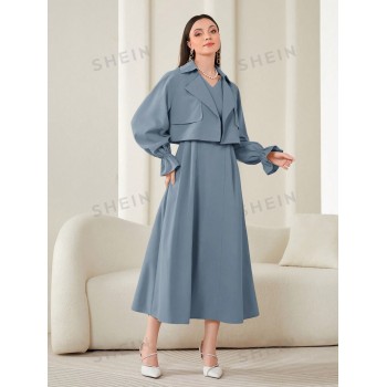 SHEIN Modely Ensemble Robe Unie De Couleur Pour Femme Avec Veste Courte À Manches À Volants - 26171614