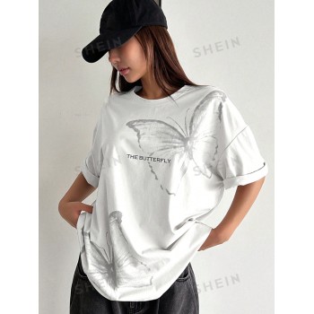 DAZY T-shirt décontracté d'été pour femme, coupe ample, avec imprimé de lettre et de papillon, col rond et manches à épaules tombantes - 36274240