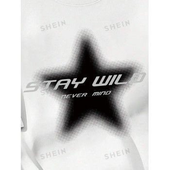 SHEIN EZwear T-shirt oversize décontracté et simple pour femmes, col rond, manches courtes, avec motif étoilé Stay Wild Never Mind. - 31132689