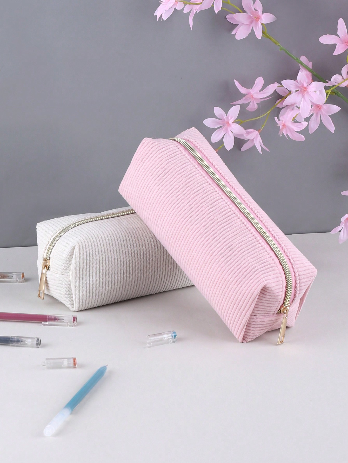 1 pièce Trousse à stylo en velours côtelé, grand organisateur de papeterie en velours côtelé de couleur unie simple de grande capacité, fournitures essentielles de rangement de papeterie pour les étudiants. - 34727985