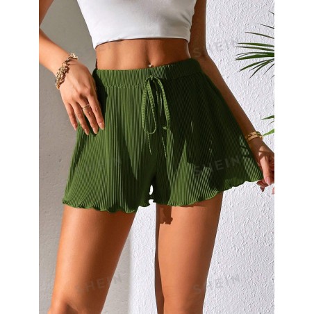 SHEIN PETITE Shorts à jambe large unie pour femmes avec lien à la taille et ourlet à garniture - 33211757