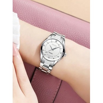 1 pièce Montre à quartz ronde à échelle en strass pour femme, argent et bracelet en acier inoxydable, résistante à l'eau, à la mode pour la vie quotidienne ou les vacances - 14926874