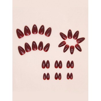 Améliorez votre élégance - Ensemble de 30 pièces de faux ongles simples en forme d'amande rétro de couleur unie en rouge, convient pour un port quotidien par les femmes, ongles pressés, fournitures d'ongles - 27362185