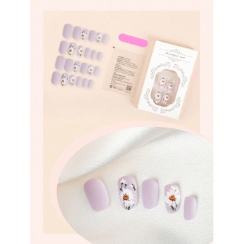 24 pièces Ongles courts ovales en pression Taro violet, faux ongles marguerite 3D pour femme et fille - 36741390