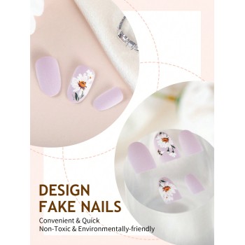 24 pièces Ongles courts ovales en pression Taro violet, faux ongles marguerite 3D pour femme et fille - 36741390