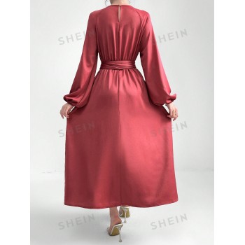 SHEIN Modely Robe élégante à encolure ronde, manches lanternes simples et ceinture - 32579902