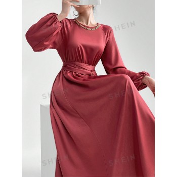 SHEIN Modely Robe élégante à encolure ronde, manches lanternes simples et ceinture - 32579902