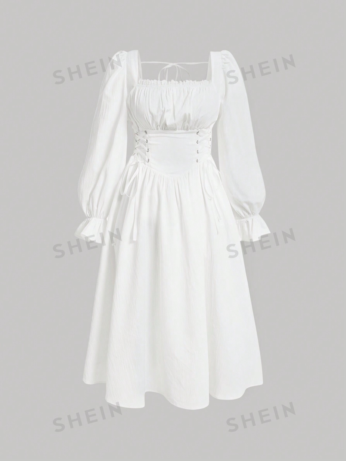 SHEIN MOD Robe de fermière grande taille unie avec croix à la taille, manches à volants et lien, couleur lait - 27027008