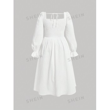 SHEIN MOD Robe de fermière grande taille unie avec croix à la taille, manches à volants et lien, couleur lait - 27027008