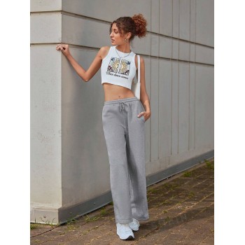 SHEIN EZwear Pantalon de survêtement unicolore à cordon à poche - 3308049