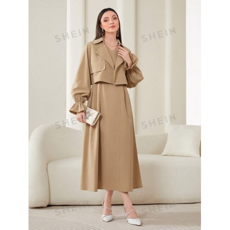 SHEIN Modely Manches Évasées Col À Revers Veste & Robe - 24111747