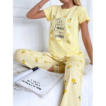 Cottnline Ensemble de pyjama citron & graphique de slogan - 14138922