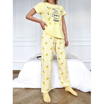 Cottnline Ensemble de pyjama citron & graphique de slogan - 14138922