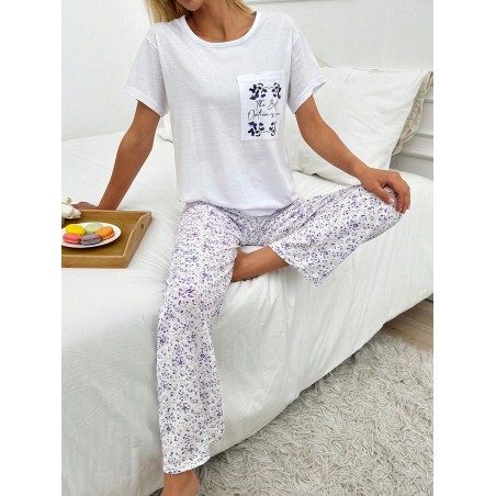 Cottnline Ensemble pyjama de 2 pièces avec chemise à poche en coton et détail d'impression de slogan et bas de sommeil - 35423761